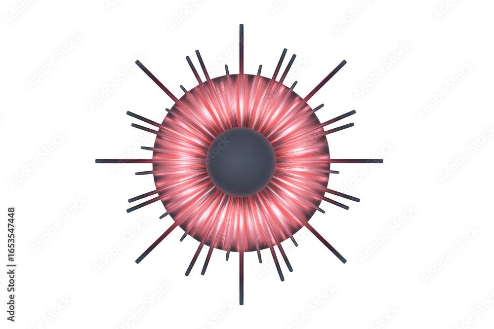 Poster radiant abstract design with dark central sphere, surrounded by glowing pink and white lines extendi