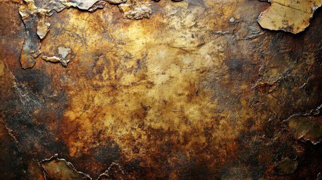 Detailed close-up of a textured, weathered metal surface with rust and peeling layers, suitable for backgrounds