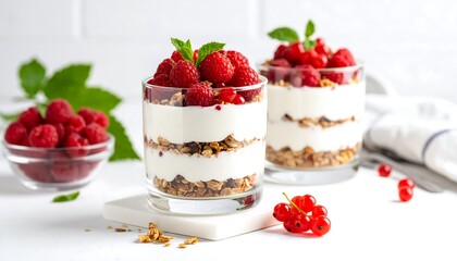 Yogurt parfait with granola and raspberries