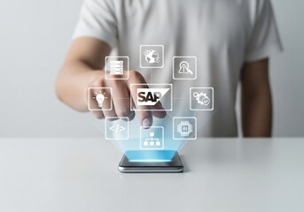 Software concept. SAP software system and enterprise integration. Businesswoman interacts with digital SAP interface on laptop, icons related to cloud computing, analytics, security, and data systems.