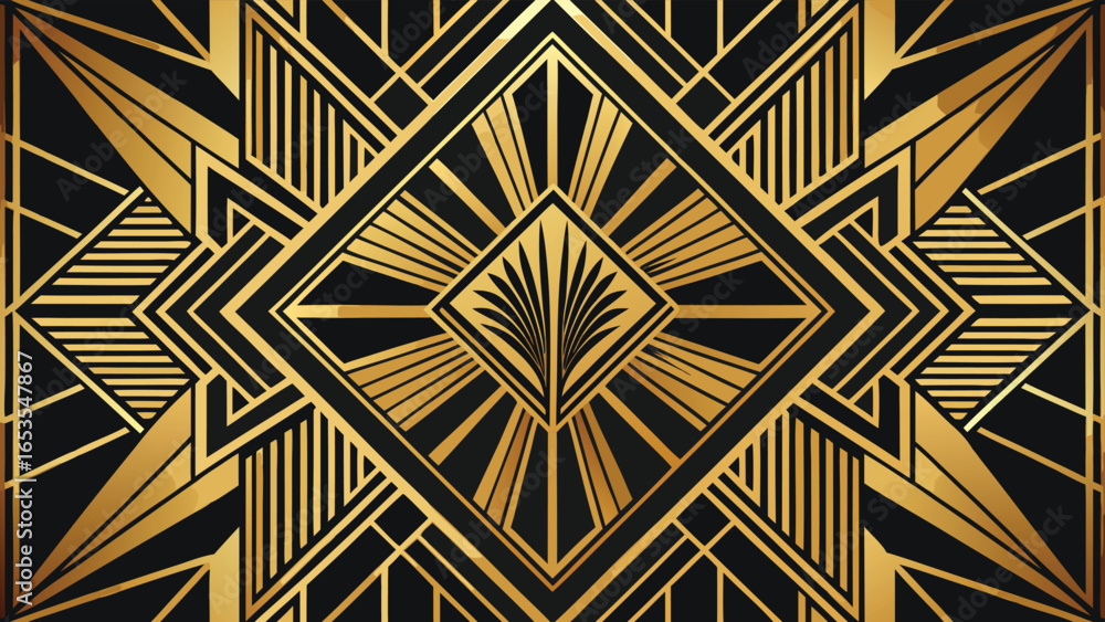 Poster art deco geometric pattern with gold lines on transparency background black background vector illust