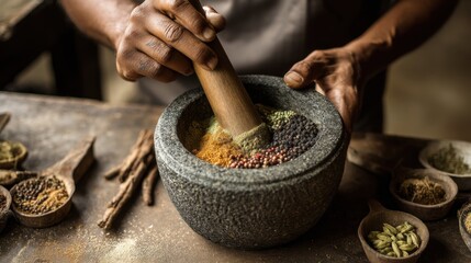 Herbal Remedy Preparation: Grinding Spices in a Mortar