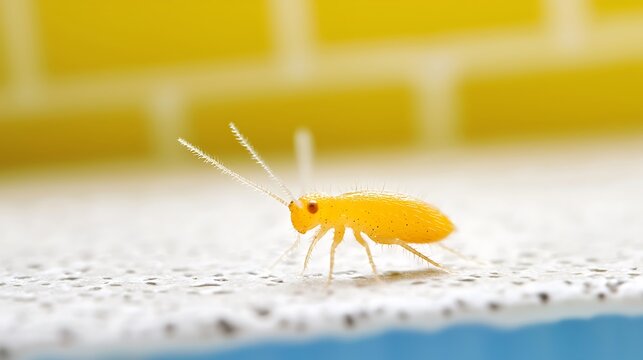 Tiny bright orange springtail insect with long antennae on textured surface