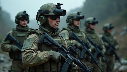 Fototapeta premium Four soldiers in advanced gear stand at attention, holding rifles with tactical equipment. Disciplined posture, focused expressions convey professionalism, vigilance, teamwork. Modern technology,