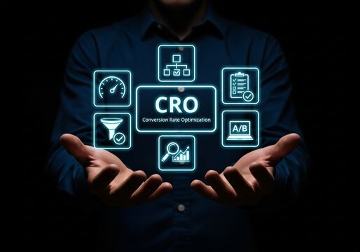 CRO Conversion Rate Optimization Technology Concept. Woman using laptop with icons representing CRO, analytics, A/B testing, funnel optimization, performance metrics for digital marketing improvement,