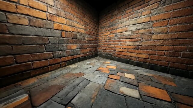 Detailed view of a rustic brick wall corner showcasing texture and colors in a dimly lit setting