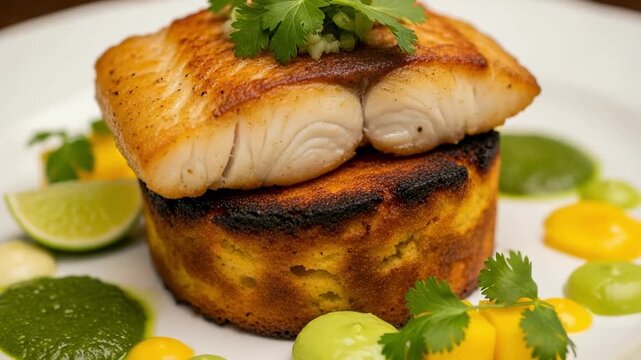 Gourmet pan seared fish fillet on a cornbread cake. Fine dining entree with cilantro, lime, and colorful sauces. Healthy seafood meal.