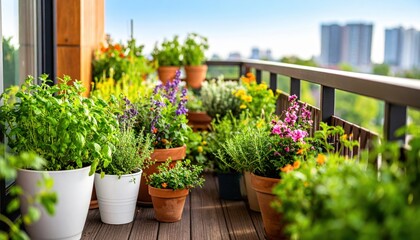 Balcony garden with potted herbs and flowers, overlooking a cityscape on a sunny day.