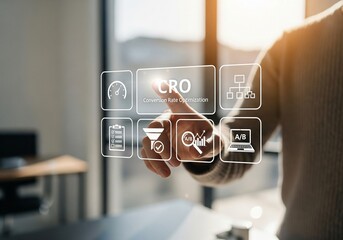 CRO Conversion Rate Optimization Technology Concept. Woman using laptop with icons representing CRO, analytics, A/B testing, funnel optimization, performance metrics for digital marketing improvement,