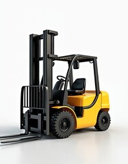 3D render of yellow forklift with black accents, facing forward on white background. Digital art style forklift, front view hi-res, advanced technology machine for construction, industry, warehouse,