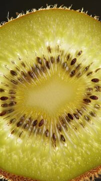 Close-up macro shot of a ripe kiwi fruit slice revealing its vibrant green flesh and tiny black seeds