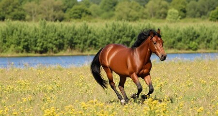 Horse running through flower field at riverside