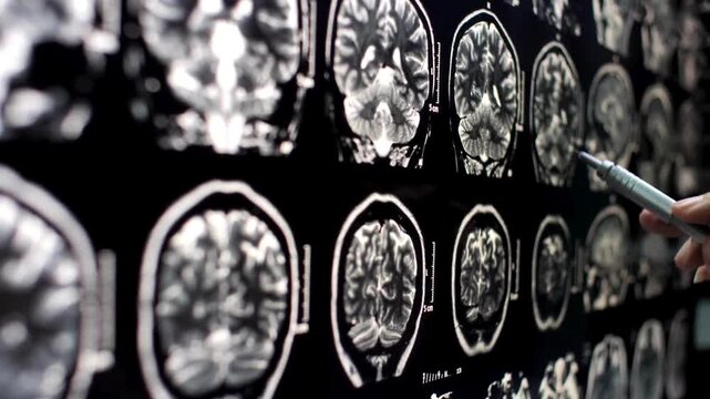 Analyzing human Brain Scan MRI with tumor or cancer. Doctor hand checking on Brain x-ray image. Doctor reading brain X-Ray while pointing it with pencil.