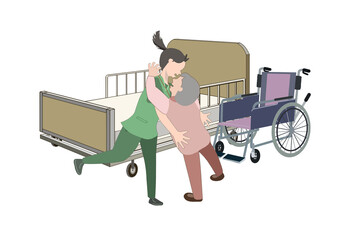 倒れそうな老人を助けている介護士のカラーイラスト