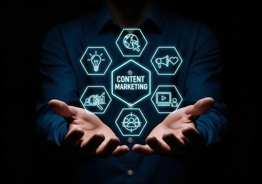 Content Marketing Strategy Concept. Woman using laptop with digital icons content marketing, social media engagement, analytics, and audience targeting tools. Multichannel market, Creative idea