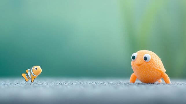 Two adorable cartoon fish characters meeting on a textured surface