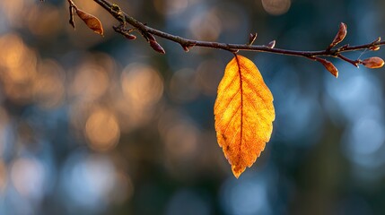 A single, golden autumn leaf hangs suspended from a branch, bathed in warm sunlight, against a backdrop of soft, out-of-focus foliage.