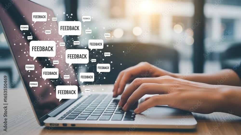 Poster person typing on a laptop with feedback speech bubbles floating around the screen and keyboard area