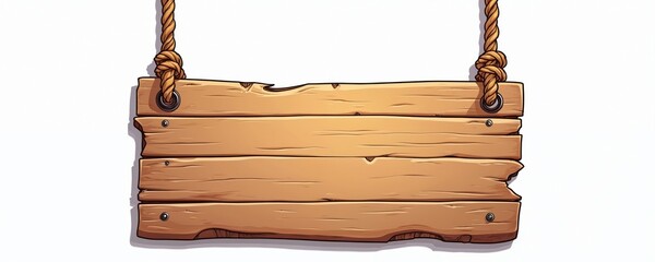Cartoon wooden hanging sign with empty space for text, isolated on white background. Vintage plank board with rope attached, suitable for messages or decoration. Rustic design.