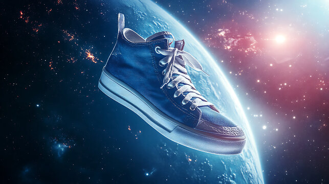 sneaker floating in zero gravity, outer space background, astronaut sneaker concept.