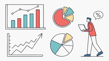 Combination Infographic Elements: Bar, Pie, Line Charts in Flat Vector on White Background