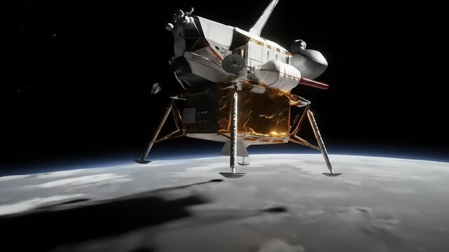 Lunar lander descending towards the Moon's surface, showcasing Earth in the background