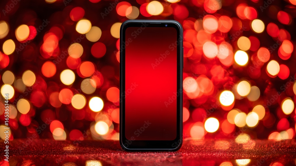 Poster a smart phone rests on a glittering surface, its screen displaying a vibrant red gradient against a 