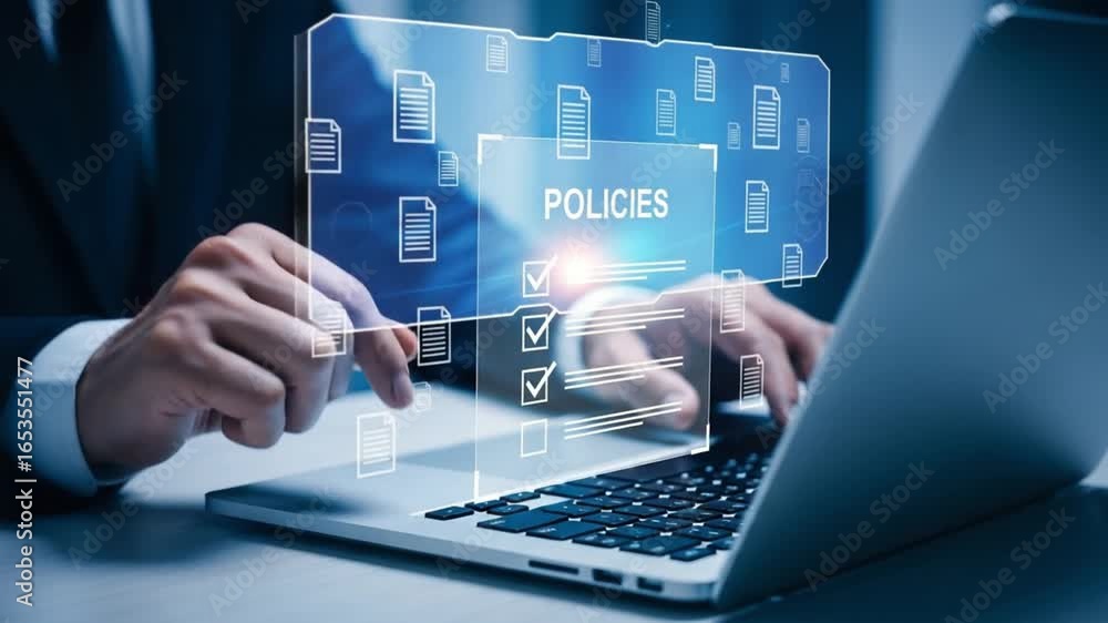 Poster person using laptop with policies checklist interface and document icons floating in the air around 