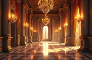 Ornate palace interior features grand columns, luxurious red, gold curtains, crystal chandeliers. Polished marble floor reflects warm light. Intricate carvings, regal design showcase opulence,