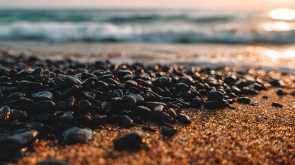 Obraz premium Close-up view of dark stones on a sandy beach at sunrise, highlighting the textures and glistening water.
