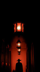 Fototapeta premium Silhouette Walking Under Glowing Lanterns in Dim Corridor During Mid-Autumn Festival Celebration