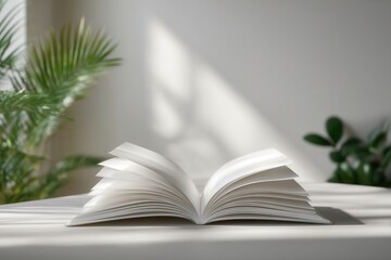 Open book with pages fluttering in sunlight and shadows