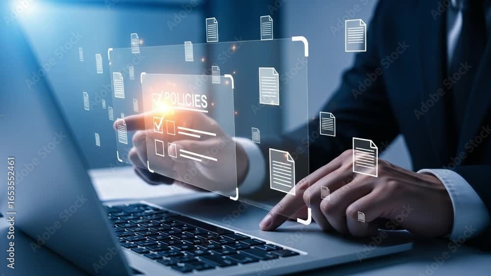 Poster person interacting with policies interface on laptop with document icons floating around it