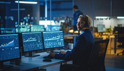 A woman with a headset works at a desk with multiple monitors displaying financial data in a modern office setting.