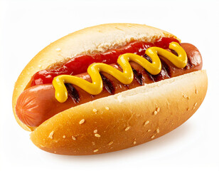 A perfect classic grilled hotdog with wavy mustard and ketchup on a soft bun