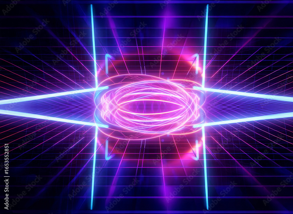Poster neon abstract design featuring glowing pink and blue lines forming geometric shapes against a dark b