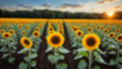 Obraz premium blurry image of a blooming sunflower field in a European village, blur wallpaper.