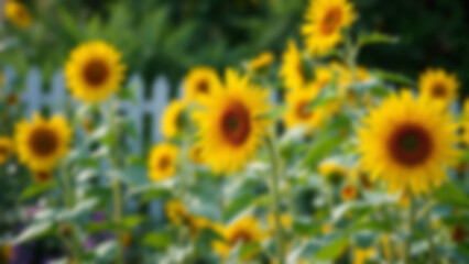 blurry image of a blooming sunflower field in a European village, blur wallpaper.