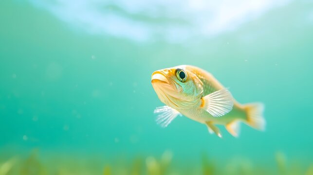 Small yellow fish swims in clear turquoise ocean water