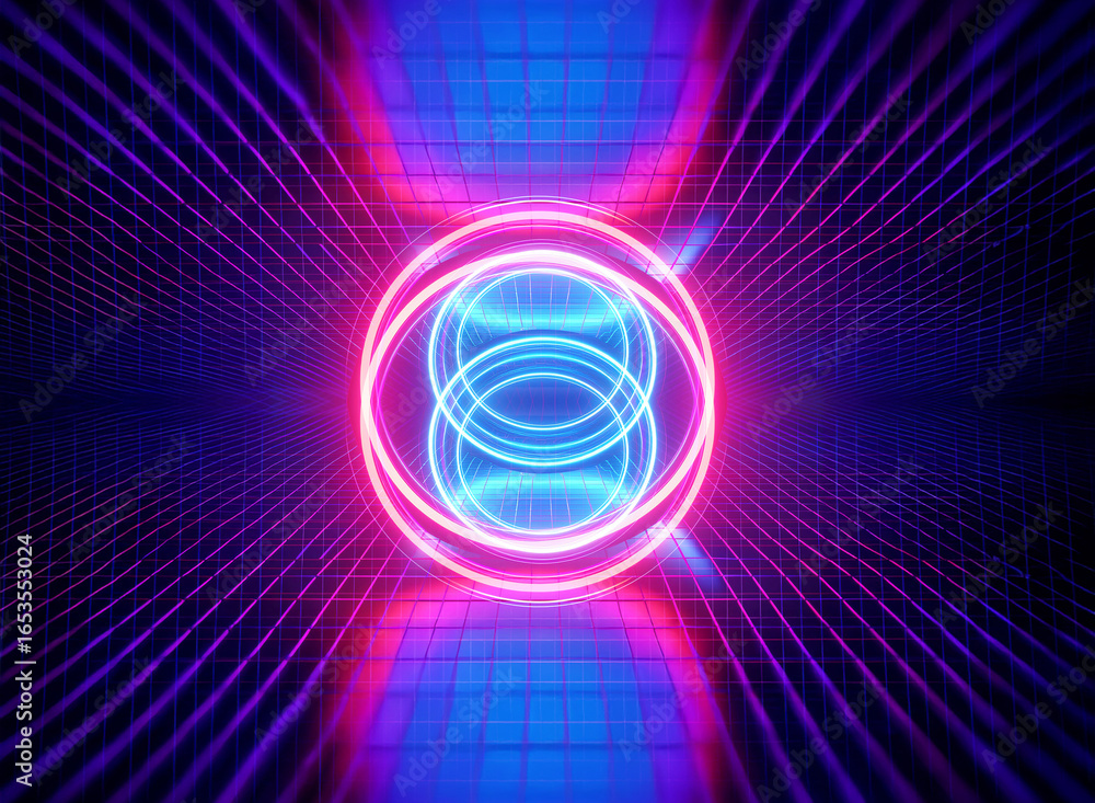 Poster abstract glowing neon geometric shapes in blue and pink create a futuristic tunnel effect. perspecti