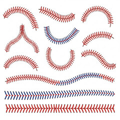 Collection of baseball stitches isolated on white background