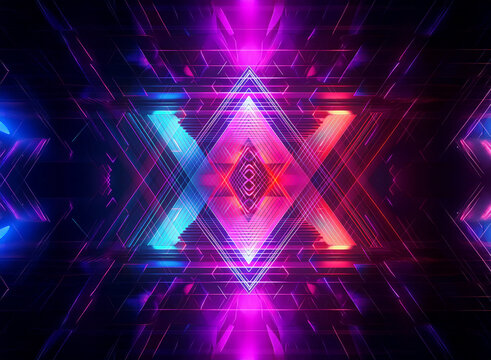 Symmetrical abstract design with neon lights in blue, pink, and purple. Geometric shapes create a futuristic and vibrant visual.