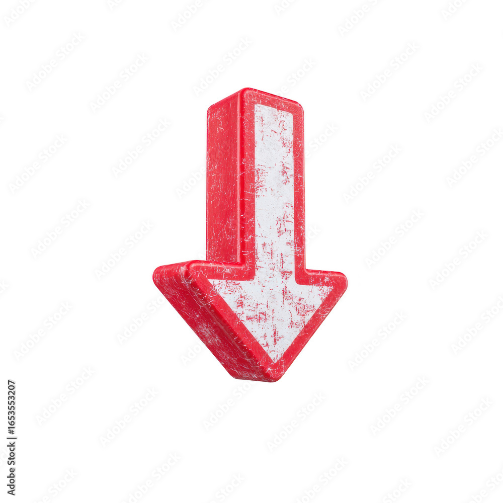 Poster red downward arrow with distressed texture isolated on transparent background symbolizing decrease d