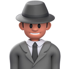 3D Render 3D cartoon businessman with gray suit and fedora; ideal for branding, marketing, avatars, and storytelling.