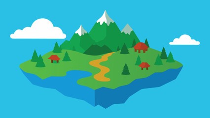 Obraz premium Floating Island Landscape with Mountains Houses and River nature transparency background