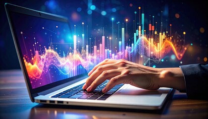 Hands typing on a laptop displaying vibrant financial data visualizations.