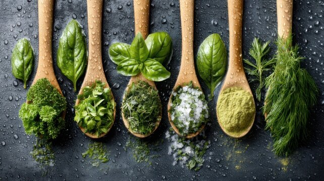 Wooden Spoons with Fresh Herbs and Seasoning