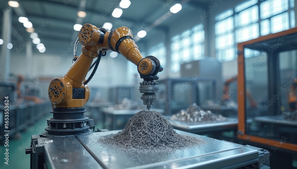 Poster robotic arm operates in advanced 3d metal printing factory. automated industrial equipment uses meta