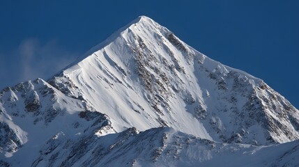 A snow-capped mountain peak ascends dramatically against a vibrant blue sky.