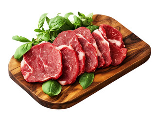 Raw beef steaks on wooden board isolated on transparent background